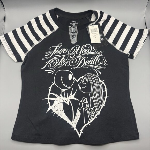 Nightmare Before Christmas Jack & Sally Stripe Raglan Girls T-Shirt SMALL New - Picture 1 of 6